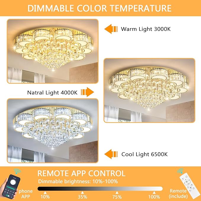 39.4'' Gold Modern Crystal Chandeliers for Dining Room LED Dimmable Light Fixtures Flush Mount Light Living Room Bedrooms