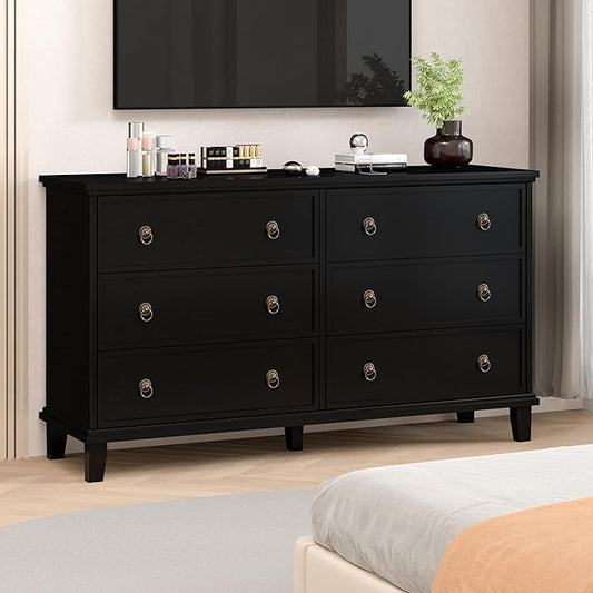 Black Dresser for Bedroom, 53.1'' Wide Chest of Drawers with 6 Drawers, Large Storage Wooden Dresser for Living Room, Entryway, Hallway