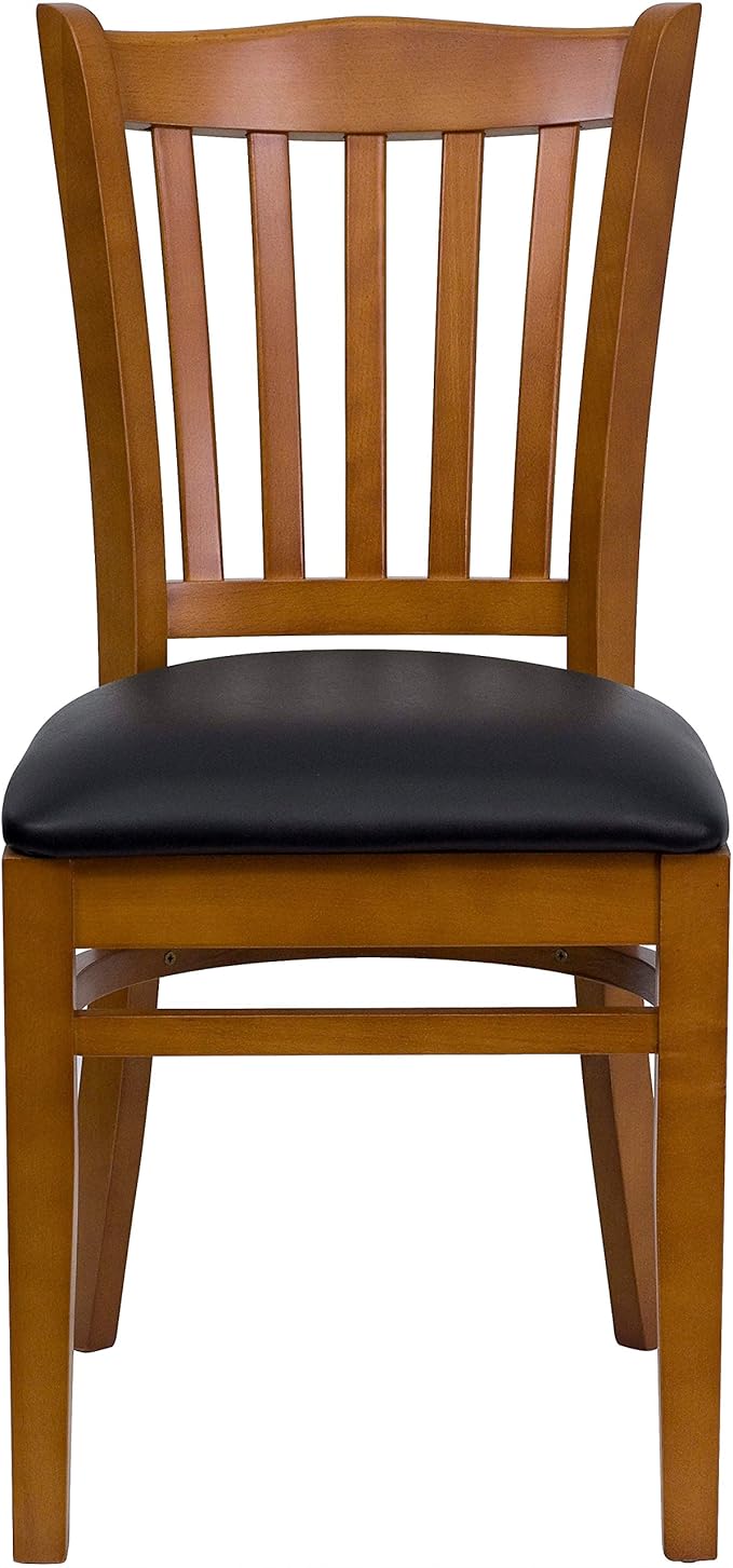 Flash Furniture 4 Pk. HERCULES Series Vertical Slat Back Cherry Wood Restaurant Chair - Black Vinyl Seat