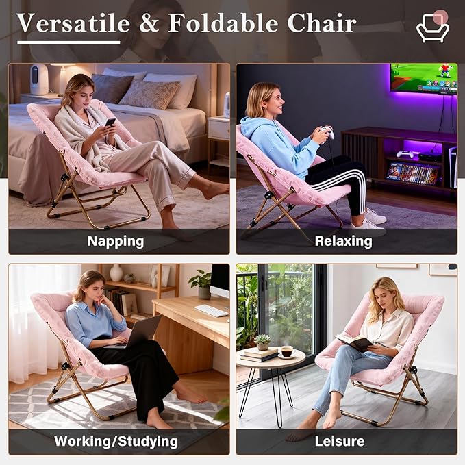 Modern Pink Faux Fur Foldable Metal Frame Recliner Chair for Bedroom, Living Room, Balcony