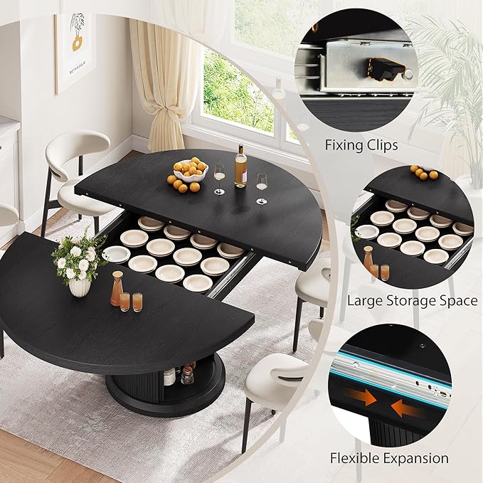 47″–63″ Extendable Round Dining Table for 4–8 with Dust-Proof 2-Tier Storage Shelf Space Saving Expandable Wood Oval Circle Dinner Furniture with Pedestal Base (Black)