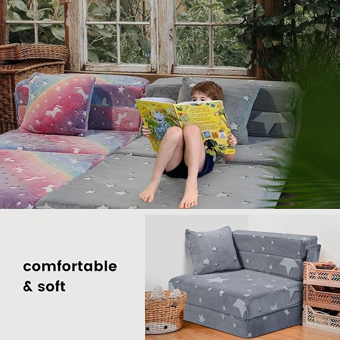MeMoreCool Kids Tri-Fold Sofa Bed – Glow Star Floor Mattress & Foldable Futon Chair Convertible Toddler Couch | Soft Plush Lounge Mat | Playroom Furniture | Includes Pillow