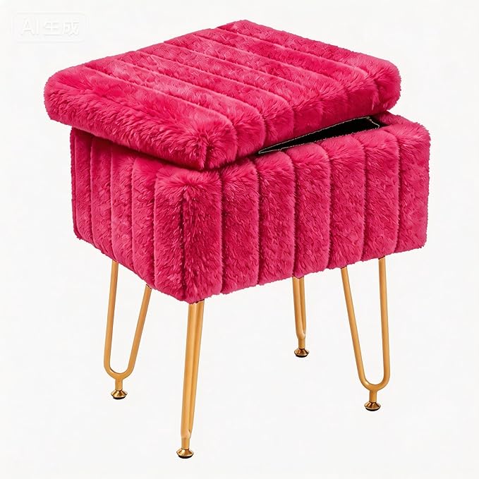 DUMOS Vanity Stool Chair, Ottoman with Storage, Makeup Cute Soft Small Footstool, Modern Style Faux Fur Seat with 4 Metal Legs & Adjustable Feet for Dressing, Living Room, Bedroom, Dorm, Red