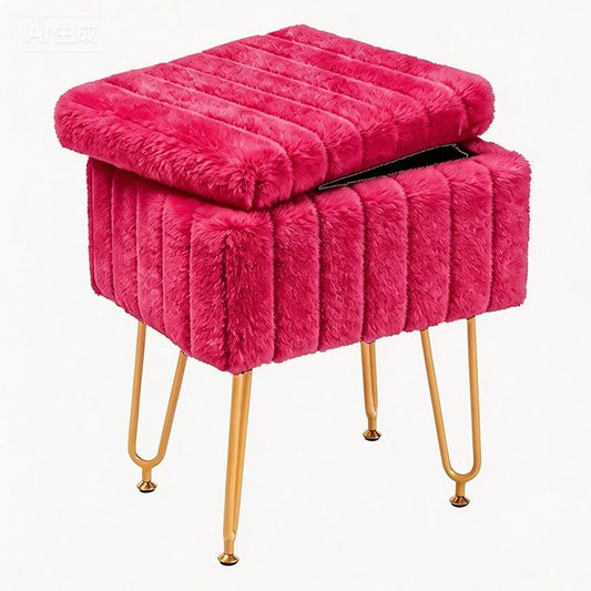 DUMOS Vanity Stool Chair, Ottoman with Storage, Makeup Cute Soft Small Footstool, Modern Style Faux Fur Seat with 4 Metal Legs & Adjustable Feet for Dressing, Living Room, Bedroom, Dorm, Red