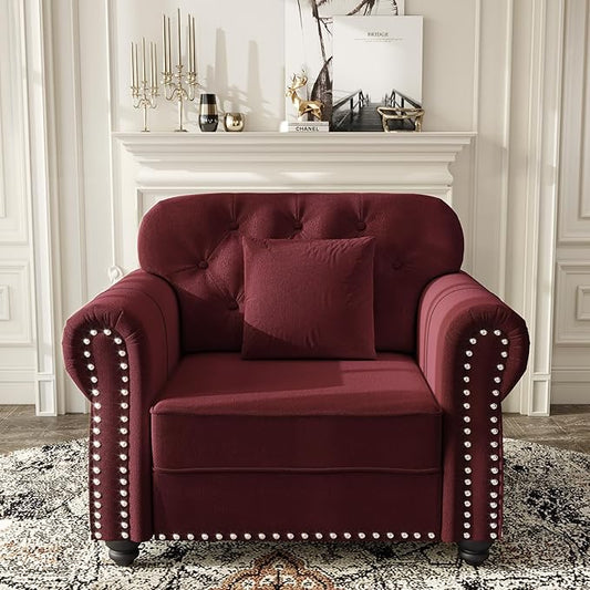 KEIKI 41" Velvet Chesterfield Sofa with Rolled Arms & Nailhead Trim, Modern Upholstered 1-Seater Button Tufted Couch with High Resilience Cushion & 1 Pillow, Easy Assembly, for Living Room, Burgundy