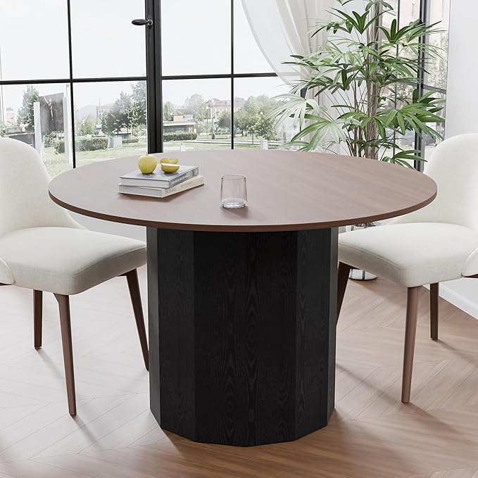 Casaphoria 46 inch Round Dining Table for 4, Walnut Top with Black Cylinder Pedestal Base, Modern Farmhouse Style Kitchen Table