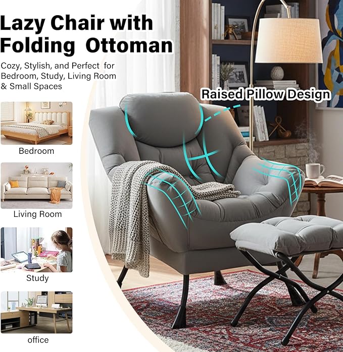 Lazy Chair with Ottoman, Modern Accent Chair with Folding Footrest, Light Grey Sofa Chair Set, Comfortable Reading Chairs, Oversized Armchairs for Bedroom, Study, Living Room, Courtyard