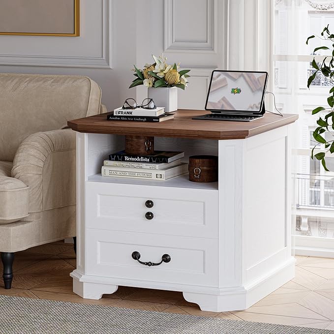 IRONCK Night Stand 23.4" Farmhouse End Table with Charging Station, Large Sofa Side Table with 2 Drawers, for Bedroom, White