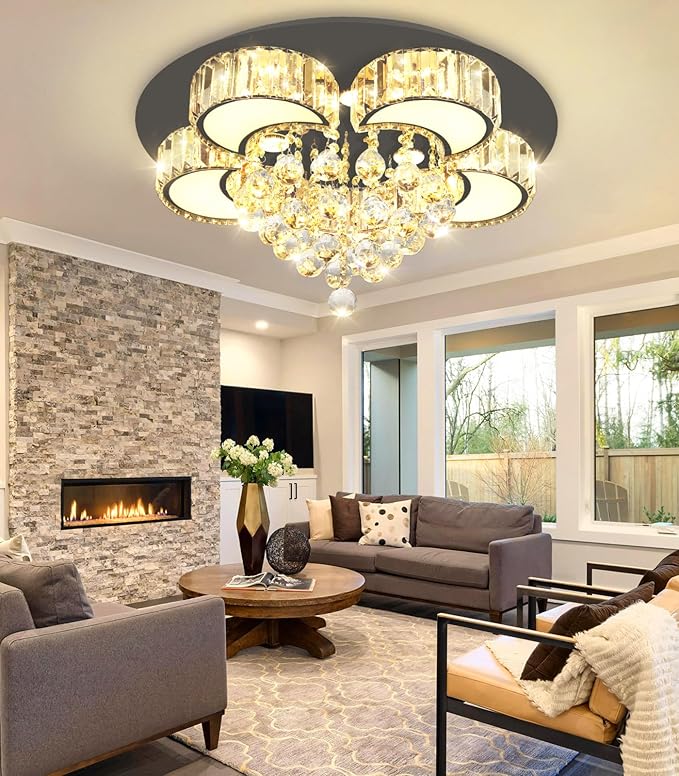 23.6'' Black Modern Crystal Chandeliers for Dining Room LED Dimmable Light Fixtures Flush Mount Light Living Room Bedrooms
