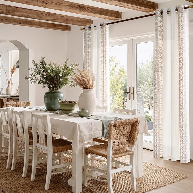 NICETOWN 102" Long Thick Cream Linen Curtains Light Sand Floral Pattern - Elegant Drapes for French Sliding Door, Farmhouse Style Privacy Enhancing Floor to Ceiling Window Treatments, 52 x 102, 2 Pcs