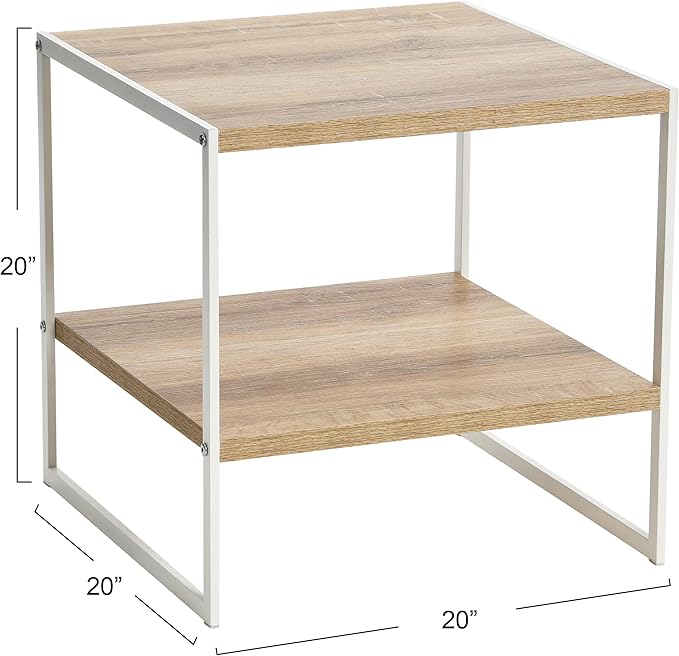Household Essentials Jamestown Square Side End Table with Storage Shelf Coastal Oak Rustic Wood Grain and White Metal