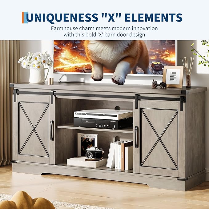 GarveeHome Farmhouse TV Stand for TV up to 65 in and Entertainment Center with Sliding Barn Doors and Adjustable Shelf, Tv Media Console Table with Storage Cabinet for Living Room, Bedroom, Grey
