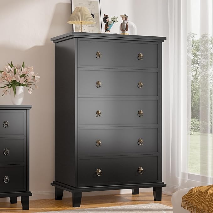 Black Dresser for Bedroom,Tall Dresser with Silent Drawer Slide,Wooden Chest of Drawers 5 Drawers,Storage Tower for Bedroom,Hallway, Entryway
