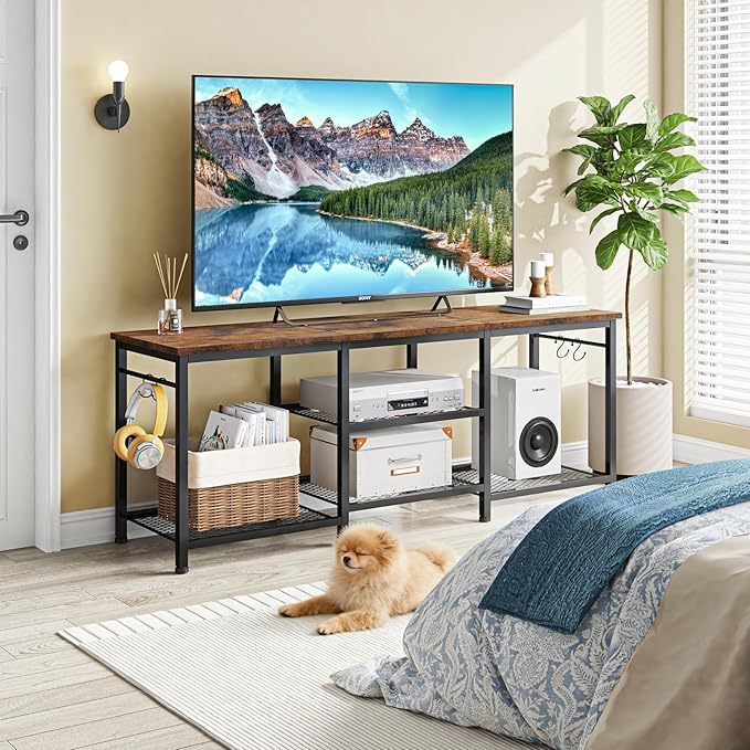 YGEOMER TV Stand for Living Room Entertainment Center for TVs Up to 55 Inches, TV Media Console Table Television Stands for Bedroom, Rustic Brown