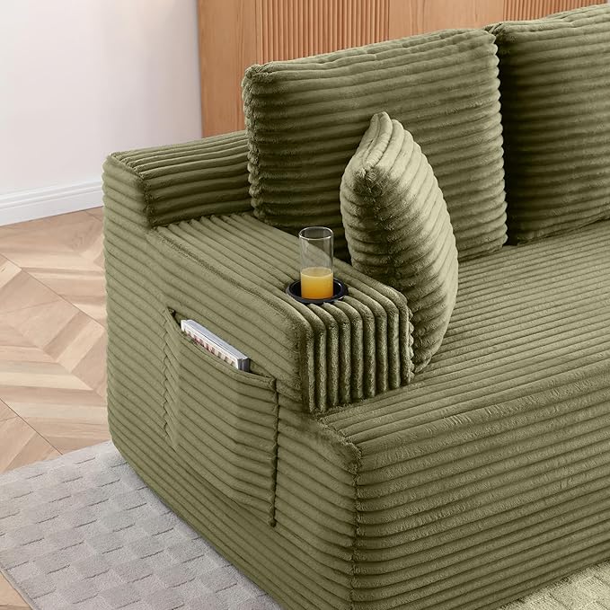 Eafurn Floor Loveseat Boneless Sofa Couch in a Box with Cup Holder and Side Pockets, 3 Seater Comfy Corduroy Upholstered Foam Couch with Deep Seating for Living Room,No Assembly | Breathable material, Cupholders