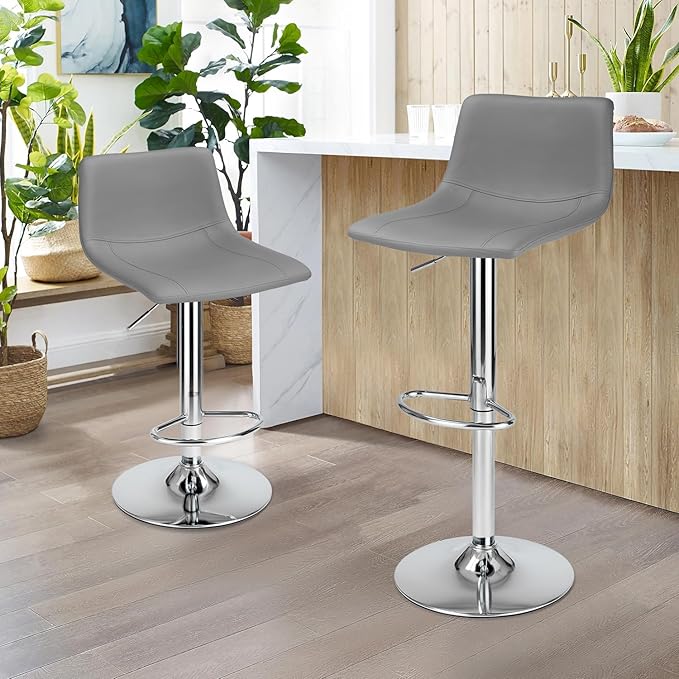 Finnhomy Bar Stools Modern PU Leather, Bar Stools Set of 2 Counter Height, Swivel Barstools with Footrest and L Shape Back, Height Adjustable Modern Bar Chairs for Kitchen, Grey