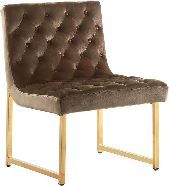 Iconic Home Moriah Accent Chair Sleek Elegant Tufted Velvet Upholstery Plush Cushion Brass Finished Polished Metal Frame, Contemporary Modern, Taupe