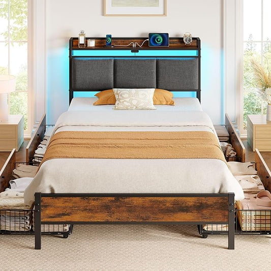 Rolanstar Bed Frame Twin Size with Charging Station and LED Lights, Upholstered Storage Headboard with Drawers, Heavy Duty Metal Slats, No Box Spring Needed, Easy Assembly, Rustic Brown