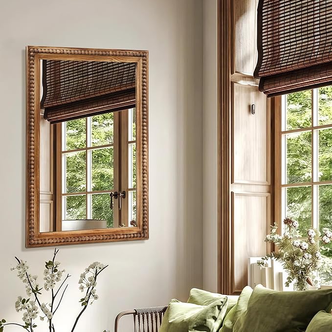 ULIKE Rectangular Wood Mirror with Natural Wooden Bead Frame, 24x36 Inch Rustic Farmhouse Wall Mirror for Bathroom Nursery Bedroom Living Room Brown