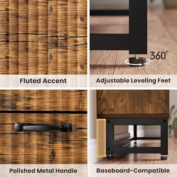 Nicetree Shoe Cabinet Storage for Entryway- Modern Fluted Shoe Organizer 3 Flip Drawers & 3-Tier Adjustable Shelves, Farmhouse Modern Rustic Shoe Rack with Metal Legs for Hallway Foyer Brown