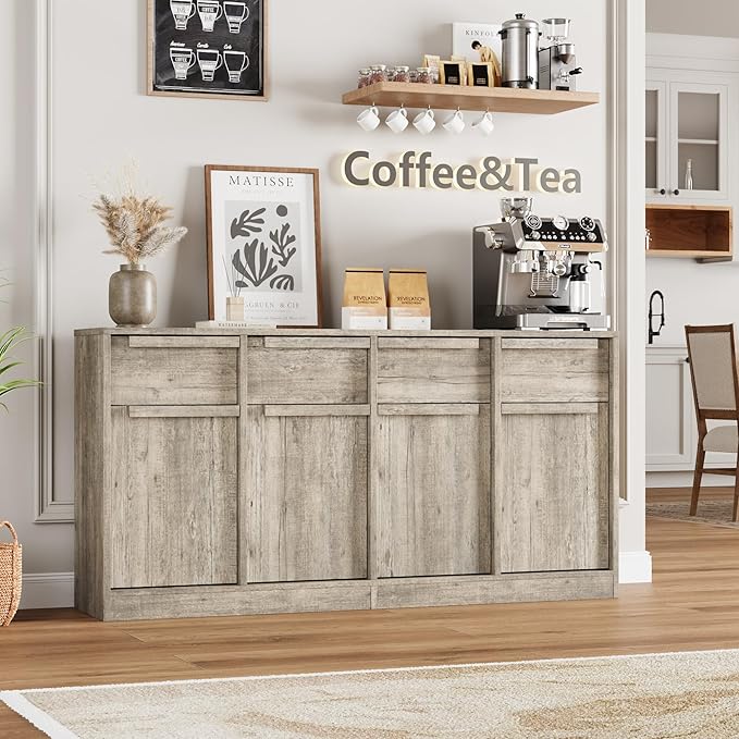 GarveeHome Sideboard Buffet Cabinet with 4 Drawers, 62.4 in Large Coffee Cabinet with Storage, Modern Storage Buffet Table for Kitchen Dining Room, Living Room (Grey, 4 Doors & 4 Drawers)