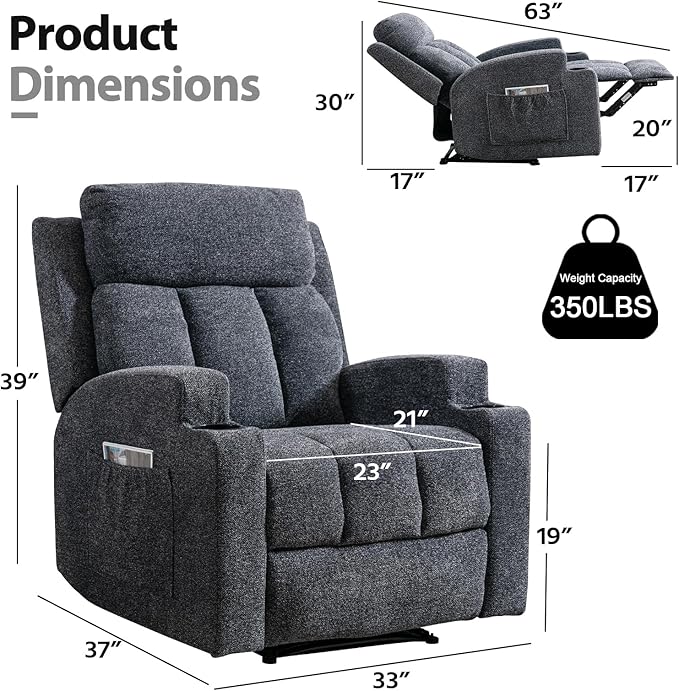 CANMOV Manual Massage Heat Recliner Chair Set of 3, Soft Fabric Recliner Chair with Overstuffed Arm and Back, Manual Reclining Single Sofa with 2 Cup Holders, Side Pocket for Living Room, Dark Grey