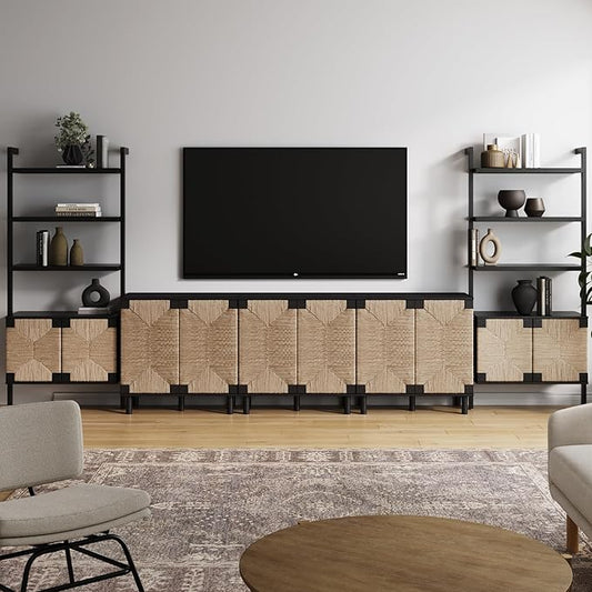 Nathan James Beacon Bohemian TV Stand, TV Wall Unit with Shelves and Accent Storage Cabinet with Solid Wood Legs and Seagrass Door Fronts, Brushed Black