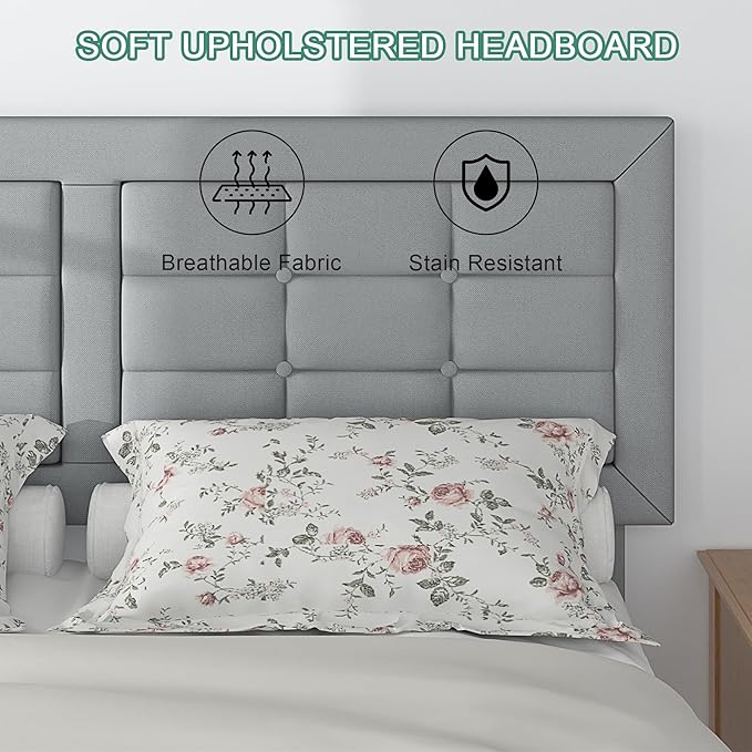 VECELO Queen Size Bed Frame with Adjustable Headboard, Upholstered Button Tufted Platform Bedframe with Wood Slats Support, No Box Spring Needed, Linen & Light Grey