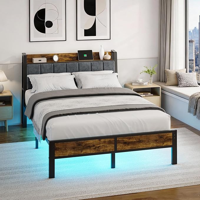 Full Size Bed Frame with Smart LED Light, Wood Storage Charging Station Headboard, Metal Platform Bed, No Box Spring Required, Easy Assembly, Noise Free
