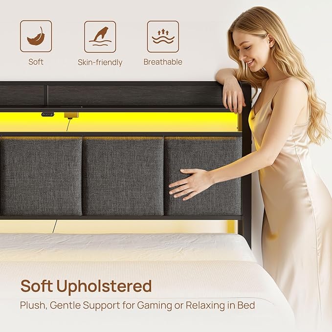 Rolanstar Bed Frame Twin Size with Charging Station and LED Lights, Upholstered Storage Headboard with Drawers, Heavy Duty Metal Slats, No Box Spring Needed, Noise Free, Easy Assembly, Dark Grey