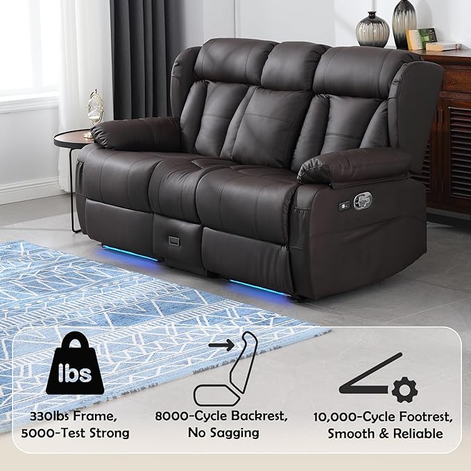 72.8" Loveseat Recliner Sofa, Manual Reclining Couch with Console, AC Outlet & USB-A/USB-C Ports, Wall Hugger RV Sofa for Living Room & Home Theater with Cup Holders (Brown Console with LED)