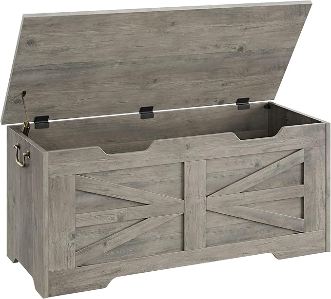 IDEALHOSUE 39.4" Storage Chest, Wooden Storage Bench with Safety Hinge, Retro Blanket Storage Trunk for Entryway, Living Room, Supports 350 lb, Gray