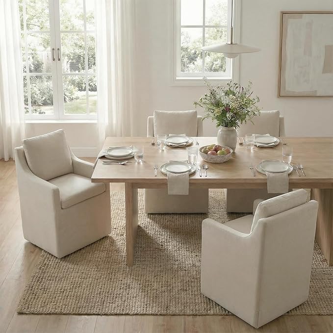 Upholstered Dining Chairs Set of 4, Modern Dining Room Chairs with Casters & Washable Cover, Rolling Accent Chair with Hidden Storage for Kitchen, Farmhouse, Living Room, Flax Beige, 4 Box