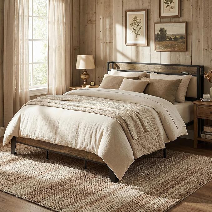 LIKIMIO King Bed Frame, Storage Headboard with Charging Station, Solid and Stable, Noise Free, No Box Spring Needed, Easy Assembly (Walnut and Beige)