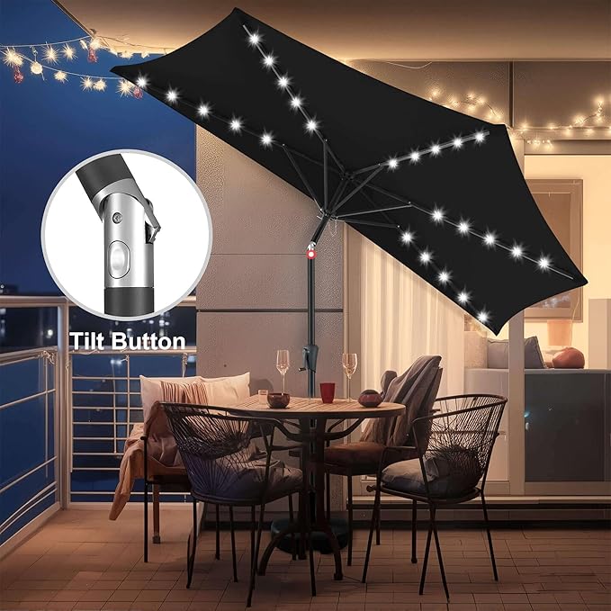 9FT Solar Half Umbrellas Outdoor - LED Half Patio Umbrella with 25 Lights, UV Protection Waterprool, Half Round Umbrella for Wall Balcony, Pool, Porch, Garden, Deck, Backyard, Black