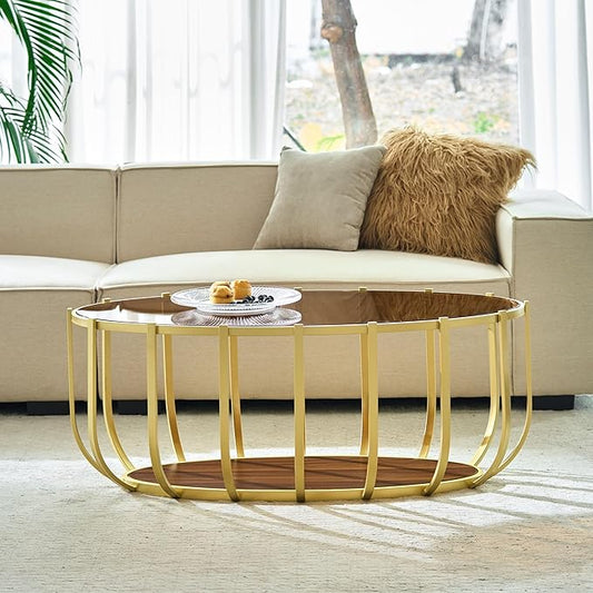 Saint Mossi Glass Oavl Coffee Table for Living Room, Modern 2-Tier Gold Center Table, Brown Glass Top and Walnut Shelf with Gold Finish Legs & Frame