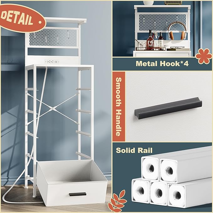 Nightstand 5 Drawer Dresser with LED Lights, Charging Station, Metal Mesh Shelf with Hooks, Vertical Side Table with Fabric Drawers, End Table, Tall Dresser for Bedroom, Entryway, White