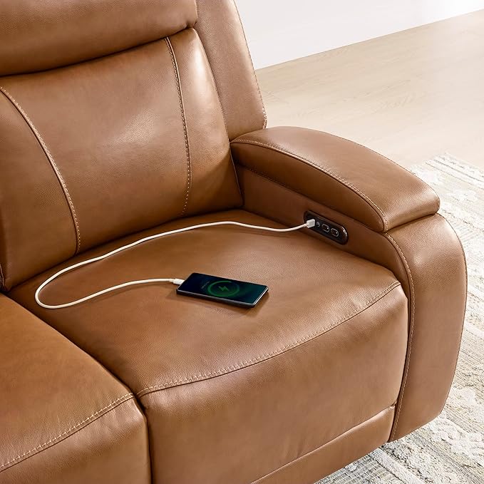 Watson & Whitely Genuine Leather Power Loveseat Recliner Sofa, Zero Gravity Reclining Loveseat with Power Headrest & Hidden Storage, Charging Ports, Dual Recliner Sofas for Living Room, Saddle Brown