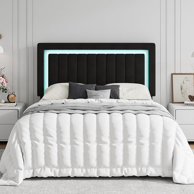 SHA CERLIN Full Size Velvet Bed Frame with LED Light, Adjustable Vertical Channel Tufted Headboard, Strong Wooden Slats Support, Noise-Free, No Box Spring Needed, Black