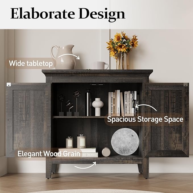 Rattan Sideboard, Kitchen Sideboard Cabinet with Adjustable Storage Shelf, Accent Buffet Cabinet with Rattan Doors, Wood Cabinet Organizer for Dining Room, Hallway, Living Room, Coffee
