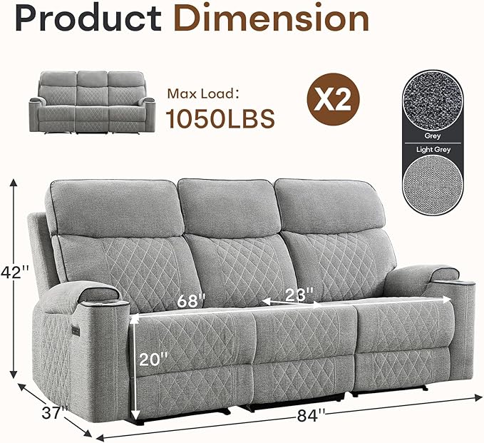 HAOMARKETS Power Oversized Reclining Sofa Couch Set of 2 with Cup Holders, Breathable Fabric 3-Seater Electric Recliner Couches with USB and Type-C Charging Ports for Living Room, Light Grey