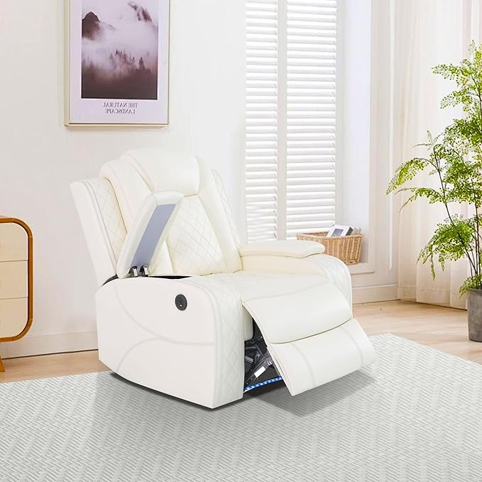 Breathing Leather Power Reclining Chair, Leather Reclining Sofa Couch Chair for Living Room, Single Recliner with USB Ports/LED Lighting for Bedroom/Office/Home Theater (Creamy White, Recliner Chair)