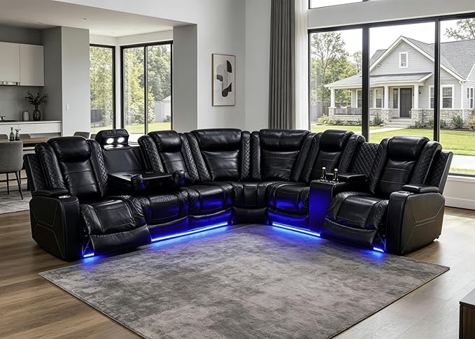 Power Recliner Sectional Sofa with LED Lights & Reading Lamps, Breathing Leather Corner Couch with USB Charging, Storage Console & Cup Holders in Every Armrest, Home Theater Seating for Living Room