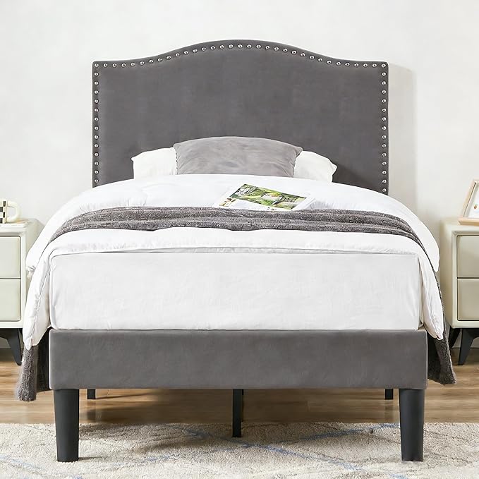 VECELO Twin Bed Frame, Platform Bed Frame with Adjustable Height Upholstered Headboard, Heavy-Duty Frame and Strong Wooden Slats Support, Non-Slip and Noise-Free, Easy Assembly, Dark Grey
