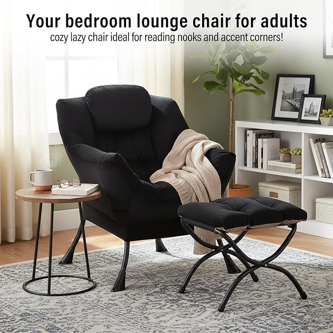 Lazy Chair with Ottoman, Modern Chair with Folding Footrest, Velvet Black Accent Chair, Comfortable Reading Chair, Oversized Armchairs for Bedroom, Study, Living Room, Courtyard