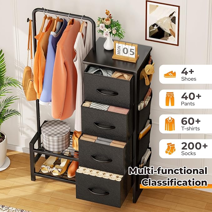 Dresser with Hanging Rack - 4 Drawers & 4 Side Bags, Fabric Chest of Drawers with with Bottom Shelves, 52" Tall Clothes Rack for Women/Kids Bedroom & Living Room - Black