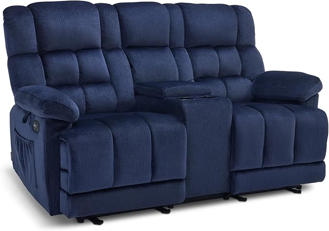 MCombo Zero Gravity Power Loveseat Recliner with Console, Heat and Vibration Massage, Reclining Loveseat Sofa with USB Ports, Cup Holders for Living Room, Fabric RS6234 (Navy Blue)