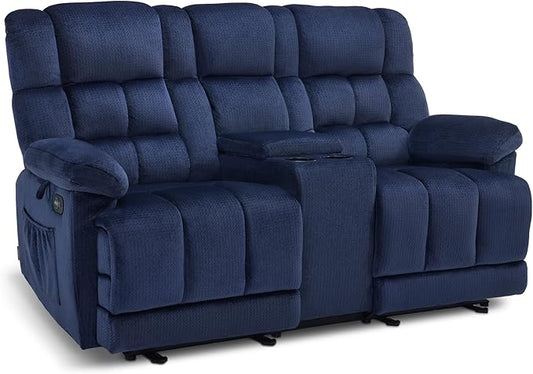 MCombo Zero Gravity Power Loveseat Recliner with Console, Heat and Vibration Massage, Reclining Loveseat Sofa with USB Ports, Cup Holders for Living Room, Fabric RS6234 (Navy Blue)