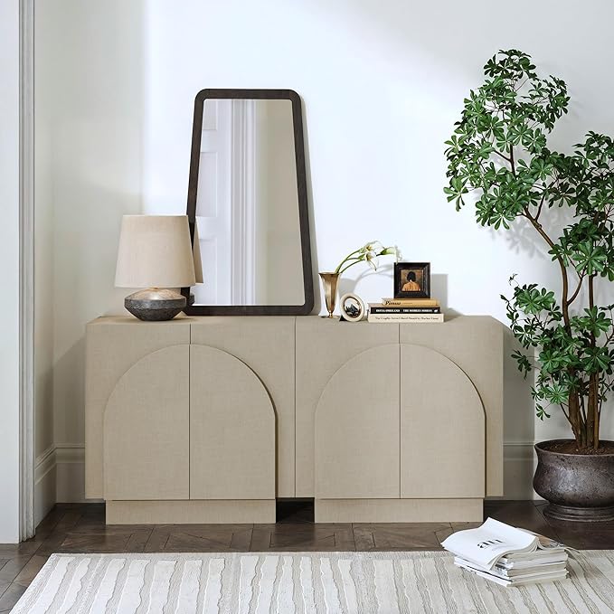 Nathan James Iris Mid Century Modern Arched Curio Cabinet with Beige Linen Finish, Wooden Storage Cabinet with Doors Set of 2