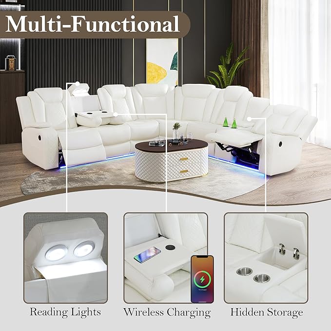 Power Recliner Sectional Sofa Set for Living Room, Leather Recliner Sofa Sets, L-Shaped Corner Sectional Couch Sets with LED Lights, Console Storage(Sectional and Chair,Cream)